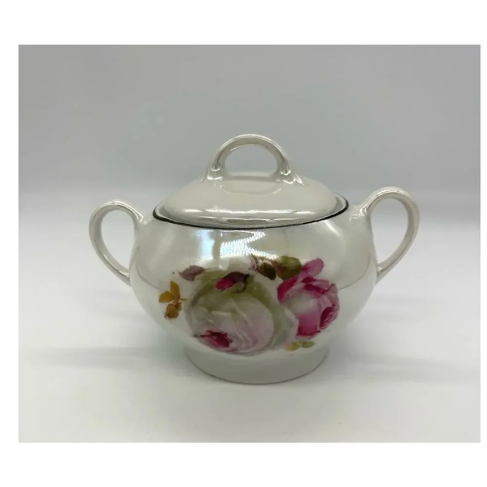 Vintage Iridescent German Sugar Bowl w/ Lid Floral Design Made in Germany